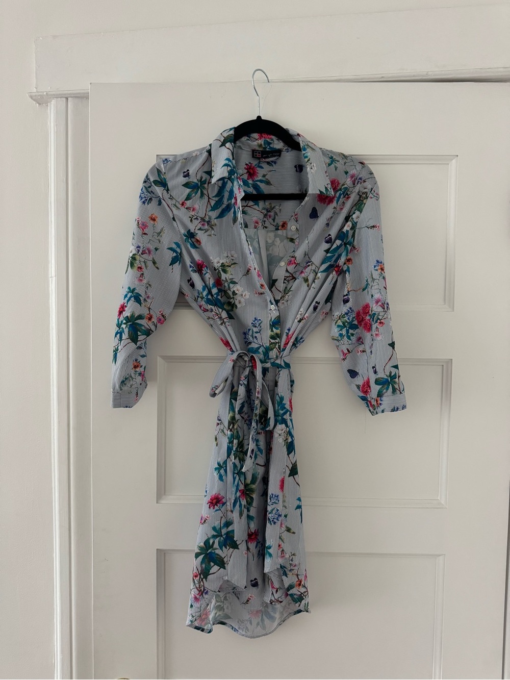 Floral Tie-Waist Shirt Dress in Light Blue